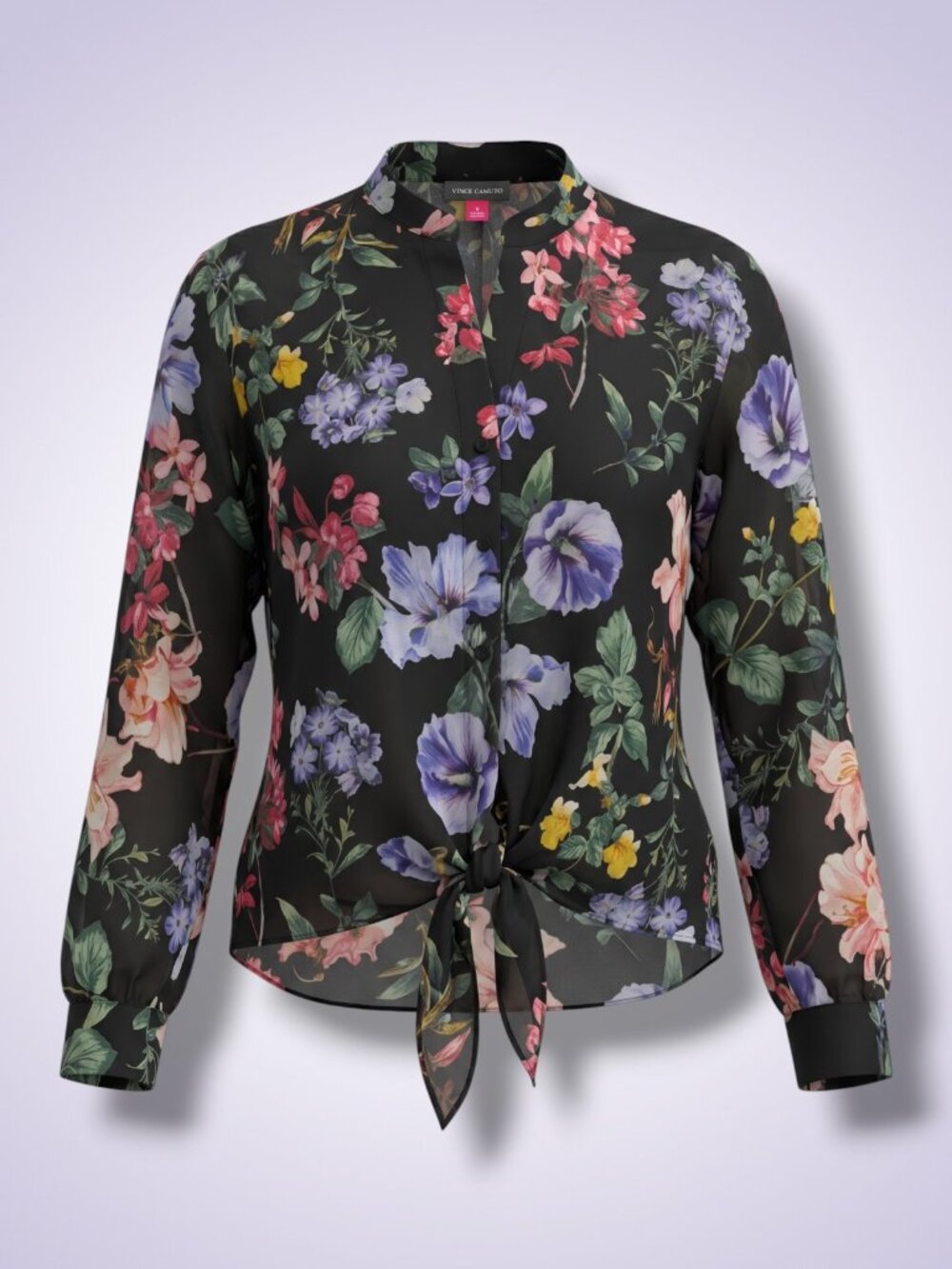 Vince Camuto Rich Black Sheer‎ Floral Lyocell Tie Front Blouse S